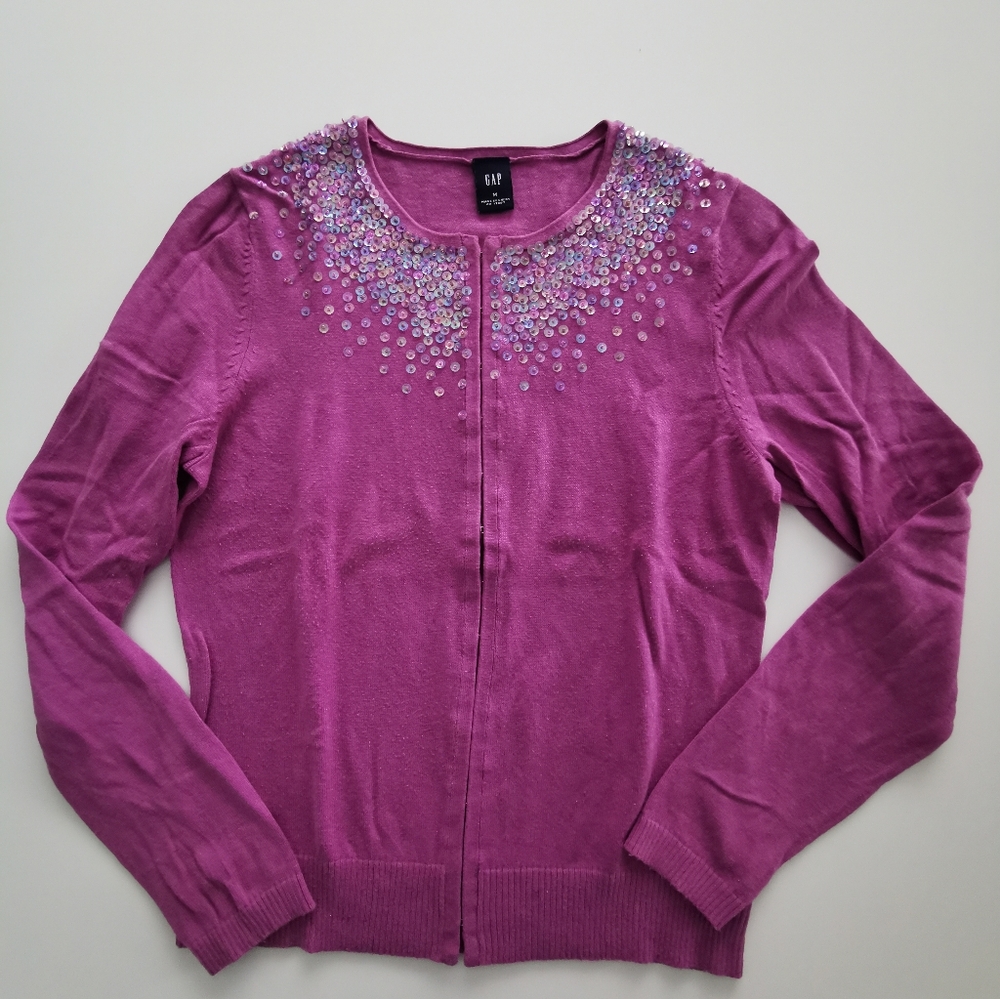 GAP Pink Magenta Irredescent Sequin Beaded Embellished Hook Cardigan Sweater